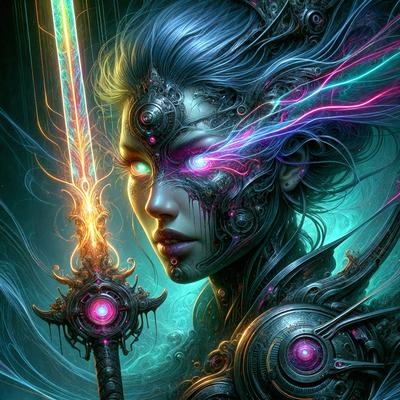 The primary subject of the image is a woman with blue eyes, who is holding a sword. She is wearing a futuristic outfit and has a mechanical or cyborg-like appearance. The setting is a futuristic environment, possibly a space or a futuristic city. The visual style is digital art, as the woman is depicted with a combination of human and mechanical elements. The colors and mood of the image are dark and mysterious, with the woman's blue eyes standing out as a focal point.